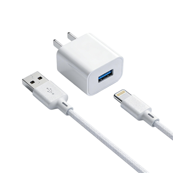 USB-A Wall Charger with Braided Lightning Cable Combo