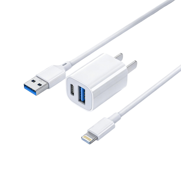 Dual-Port USB-A + Type-C Wall Charger with Two Lightning Cables Set
